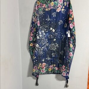NWT 100% SILK Johnny Was Navy Multi Floral Tassel Scarf